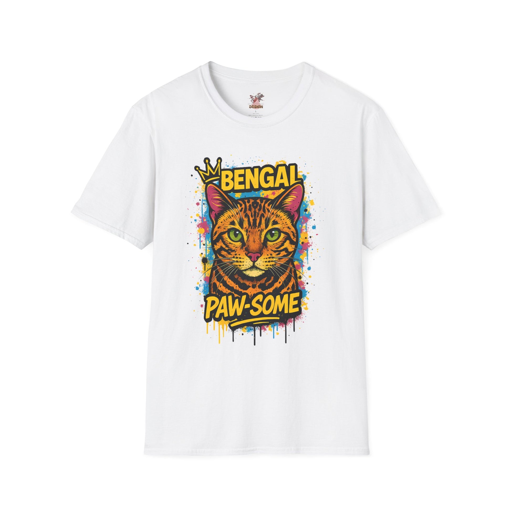 Bengal cat t-shirt in white with colorful graffiti crown design, unisex fit