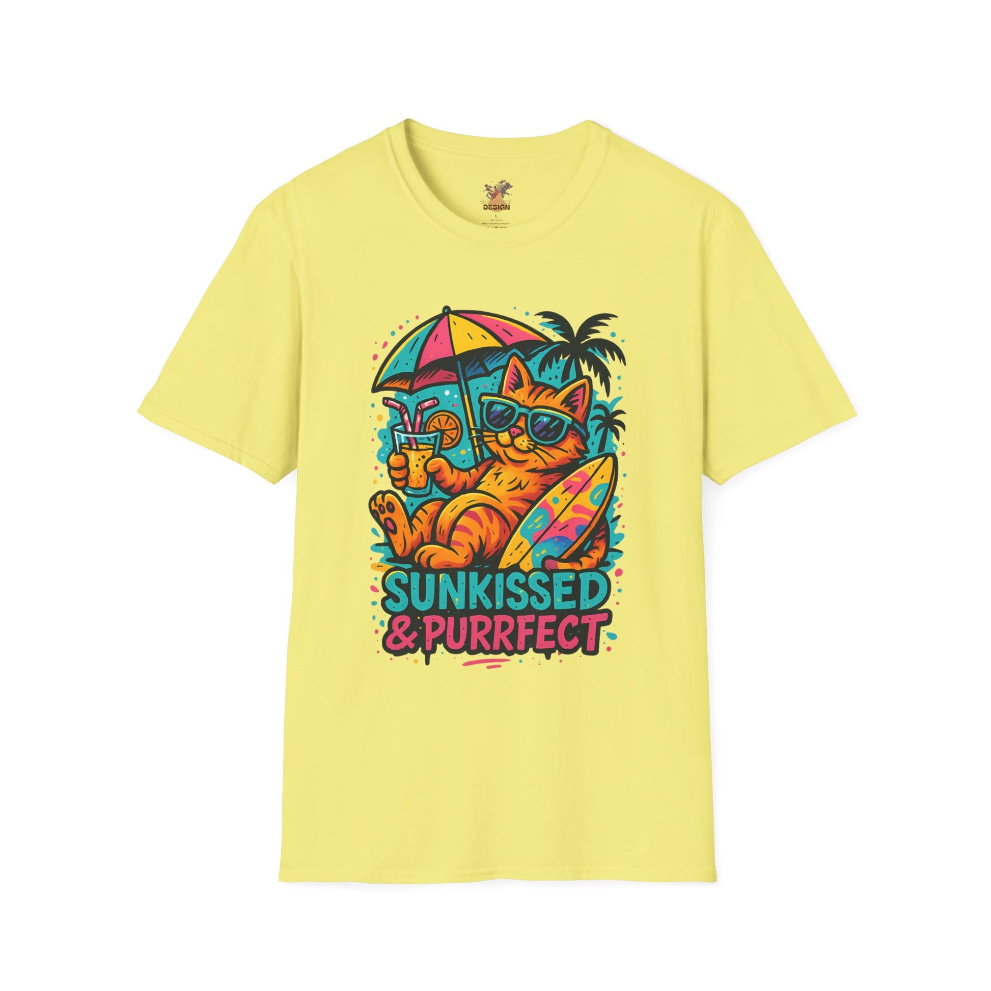 Yellow t-shirt with a cat graphic and 'Sunkissed & Purrfect' text on a white background
