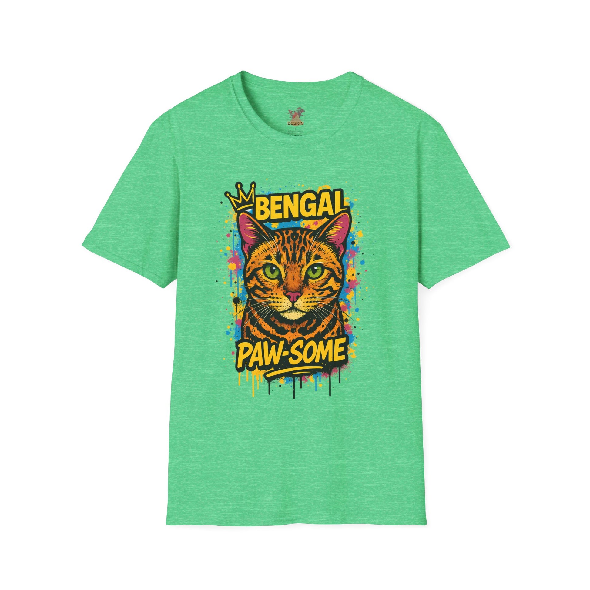 Bengal cat t-shirt in heather iirish green with colorful graffiti crown design, unisex fit