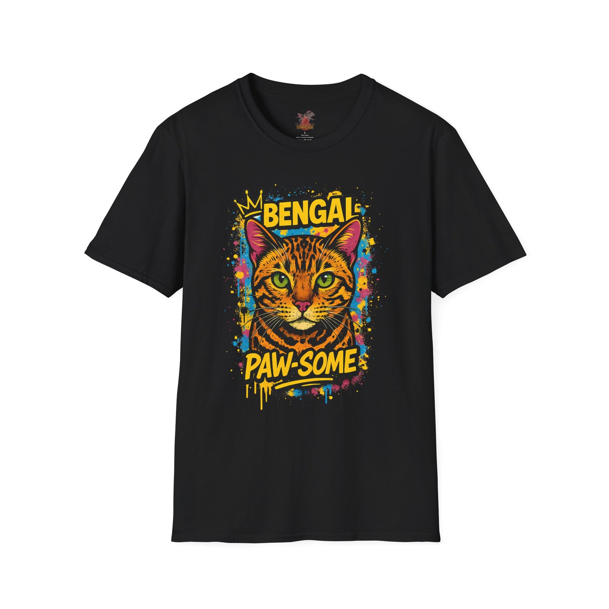 Bengal cat t-shirt in black with colorful graffiti crown design, unisex fit