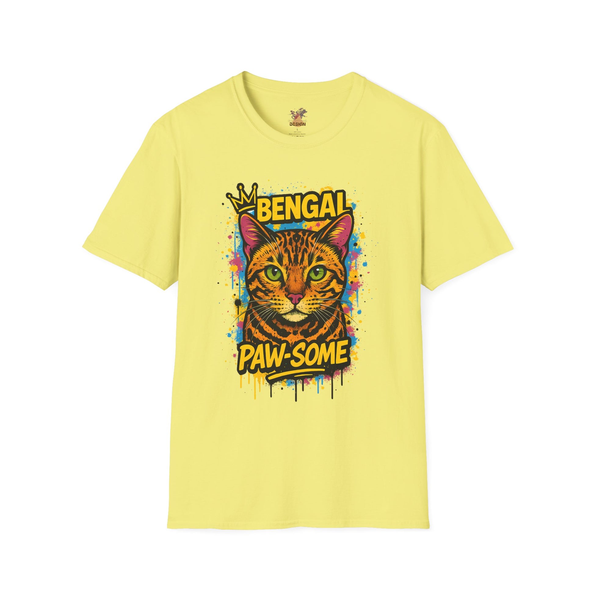 Bengal cat t-shirt in cornsilk with colorful graffiti crown design, unisex fit