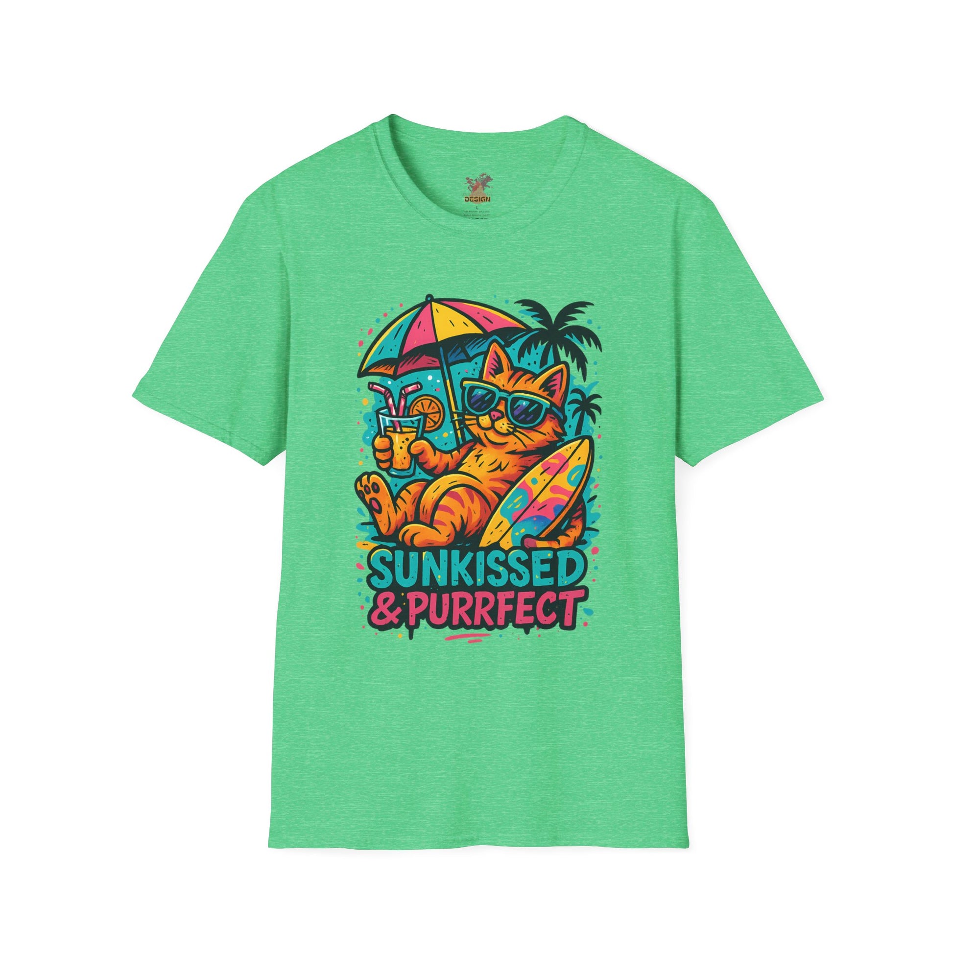 Green t-shirt with a cat graphic and 'Sunkissed & Purrfect' text on a white background