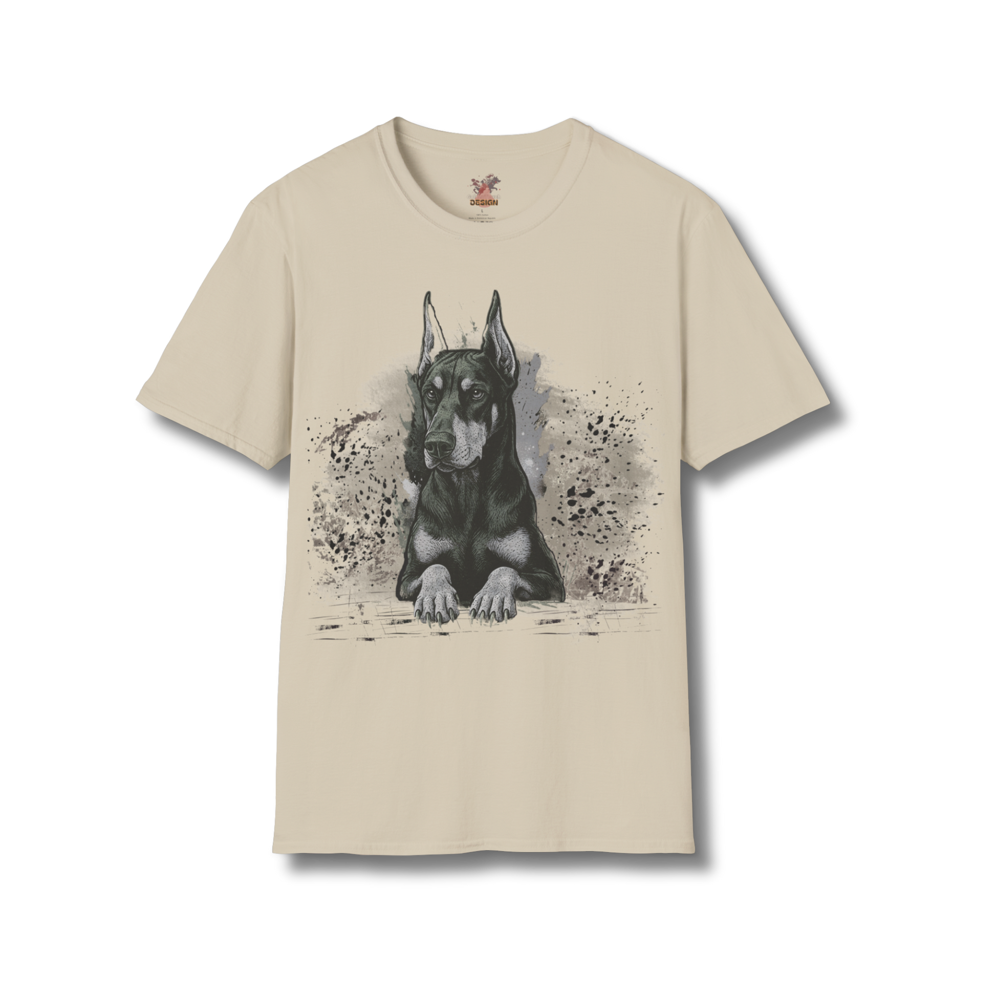 Dobermann Sketch T-Shirt in sand with minimalist black line art of Doberman dog