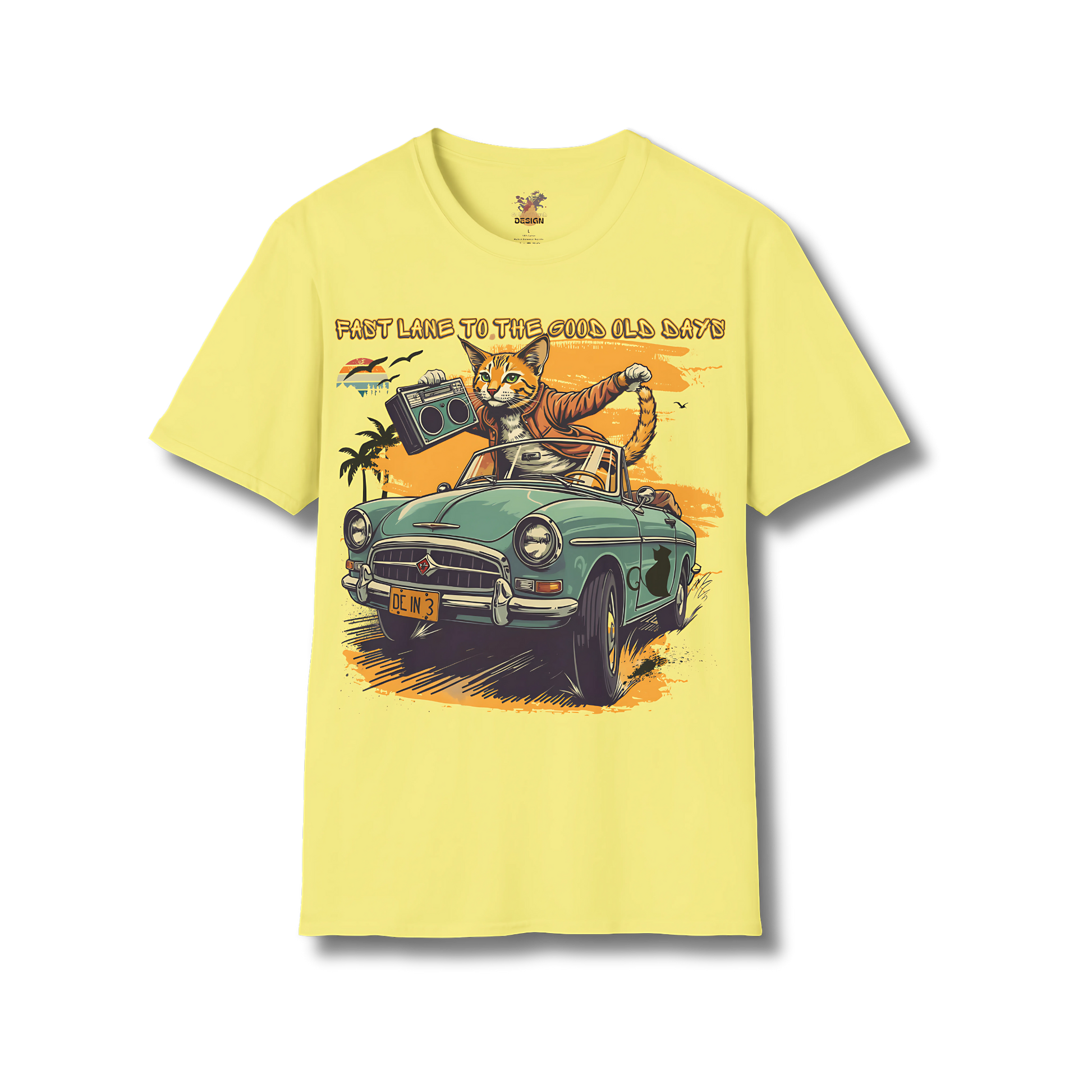 Retro Cat Boombox tee in cornsilk featuring neon-style illustrated cat and stereo