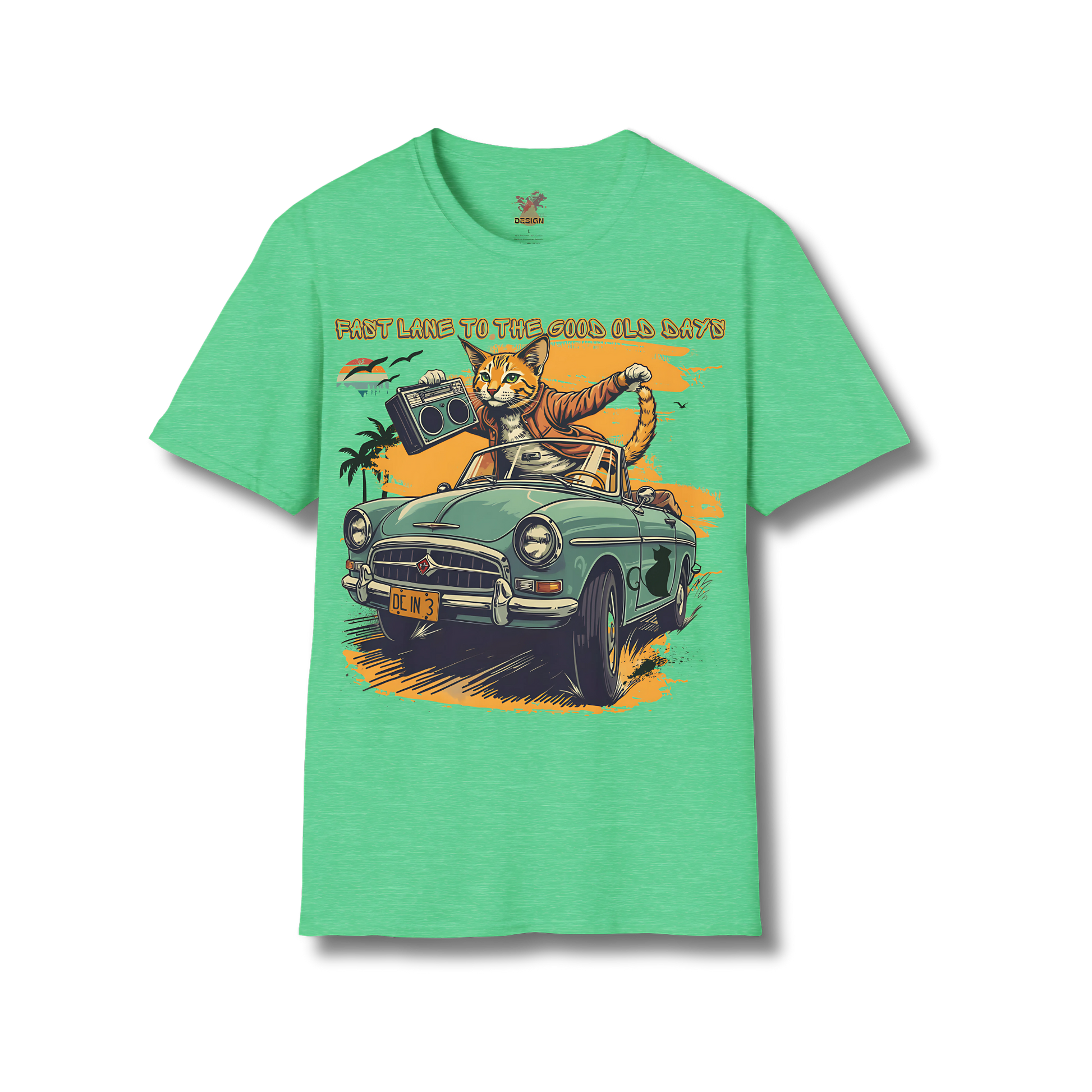 Retro Cat Boombox tee in heather irish green featuring neon-style illustrated cat and stereo