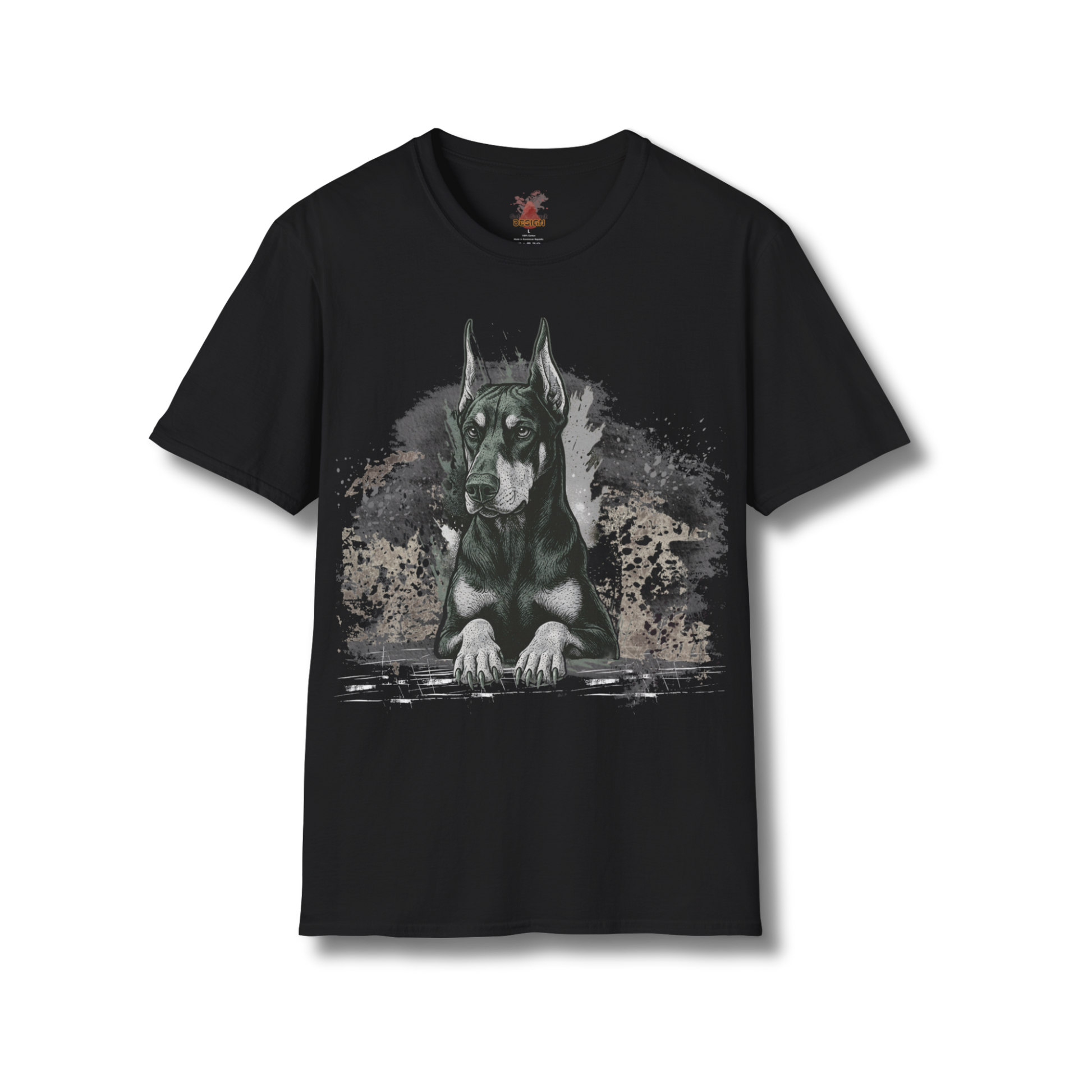 Dobermann Sketch T-Shirt in black with minimalist black line art of Doberman dog