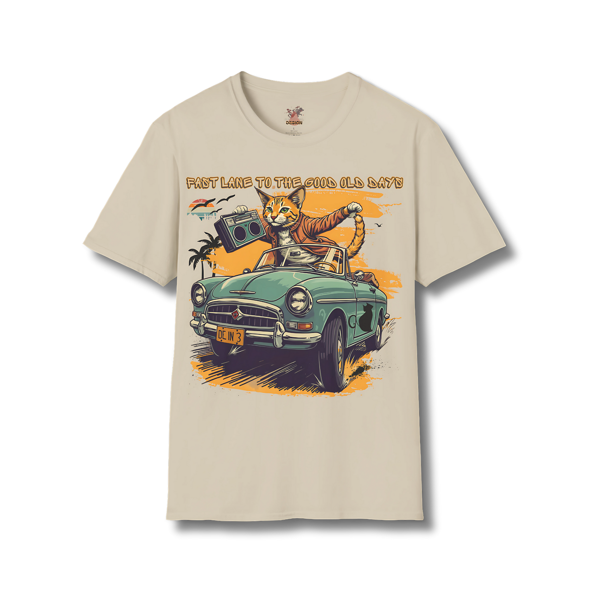 Retro Cat Boombox tee in Sand featuring neon-style illustrated cat and stereo