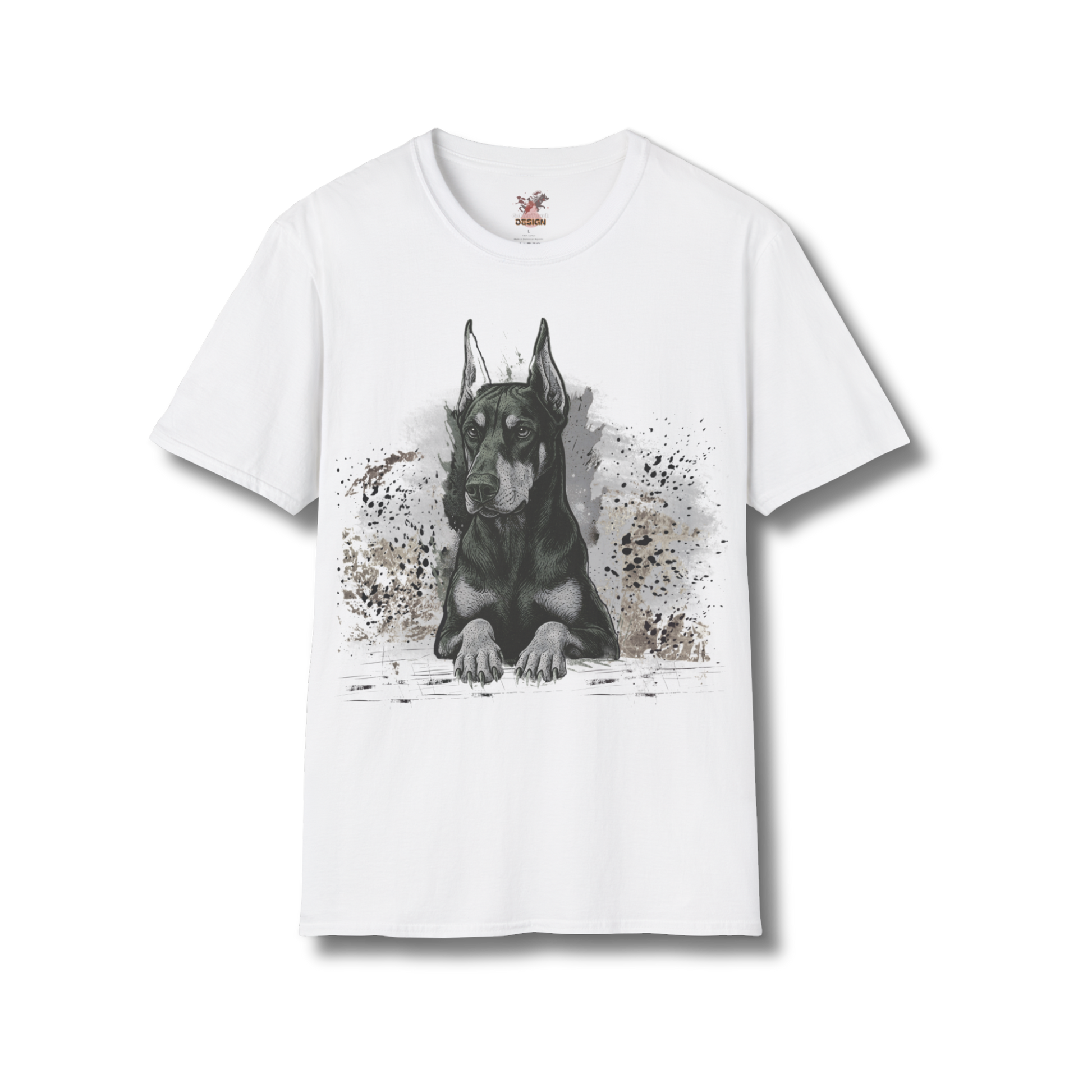 Dobermann Sketch T-Shirt in white with minimalist black line art of Doberman dog