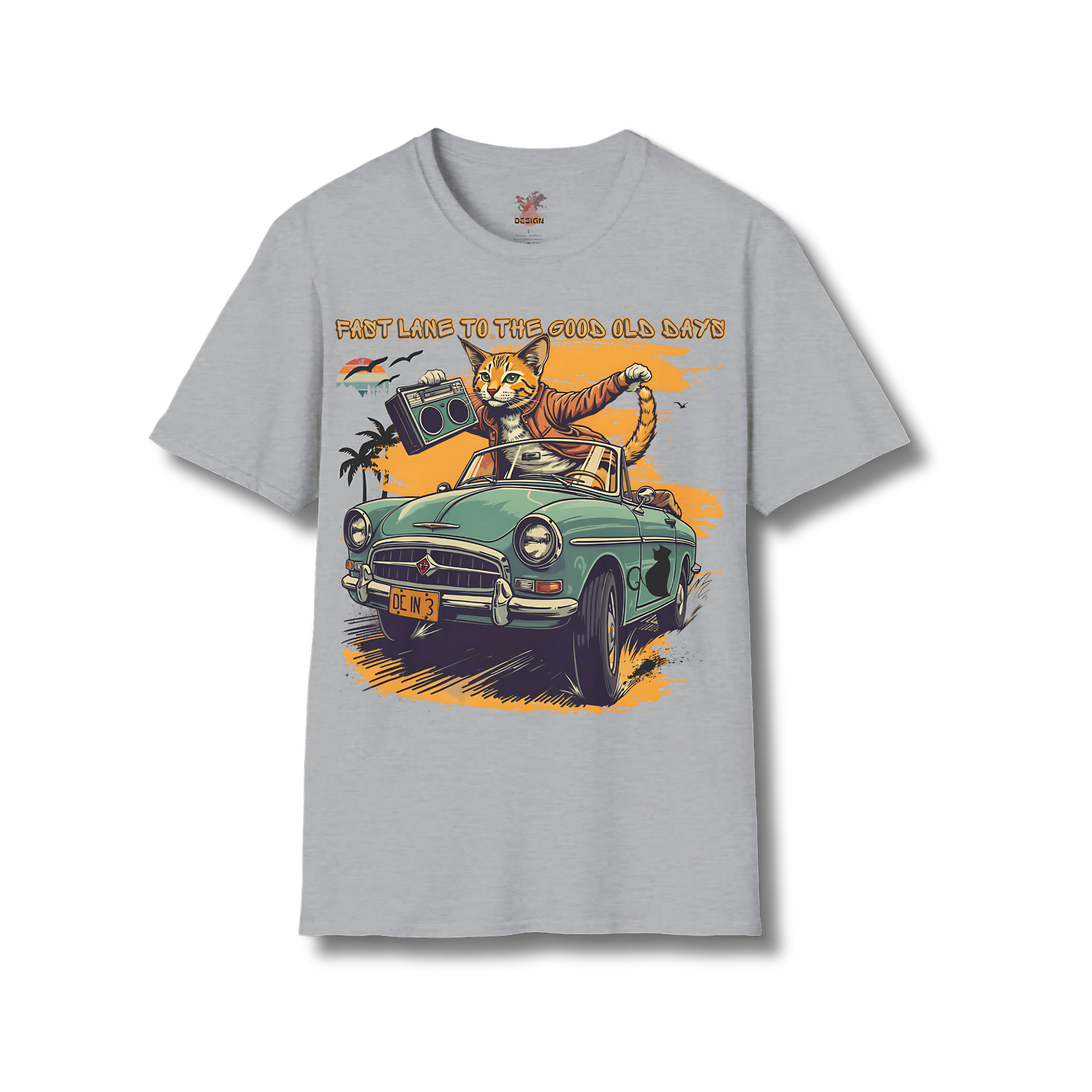 Retro Cat Boombox tee in light grey featuring neon-style illustrated cat and stereo