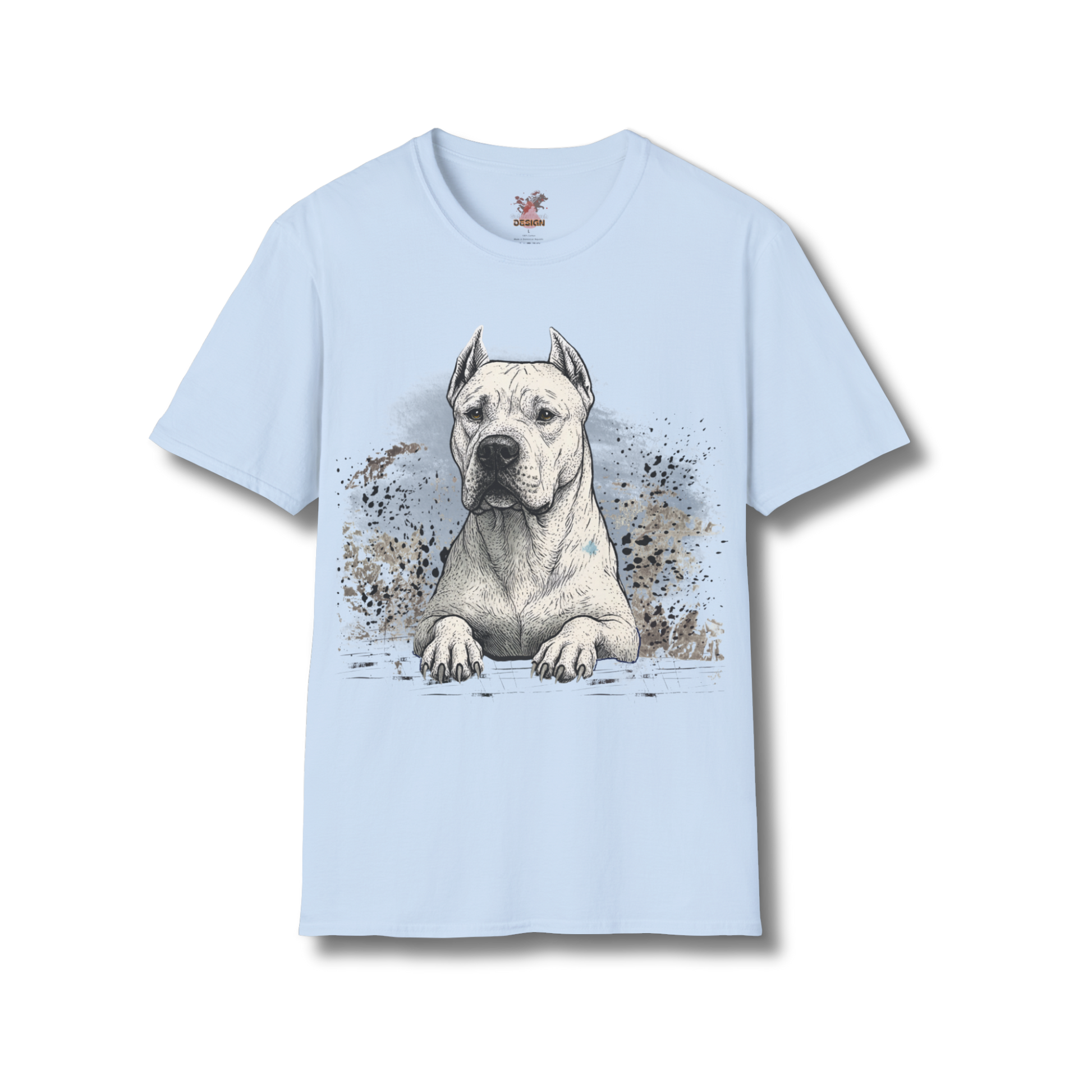 Dogo Argentino t-shirt in light blue with detailed black line art design
