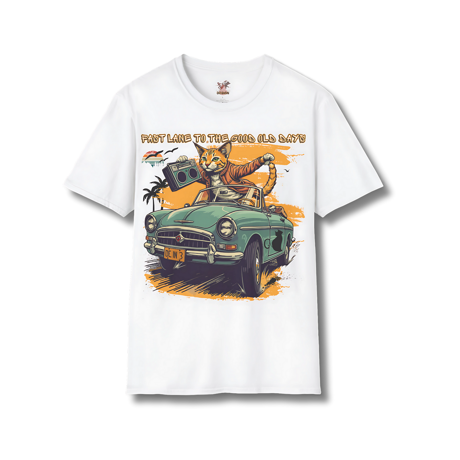 Retro Cat Boombox tee in white featuring neon-style illustrated cat and stereo