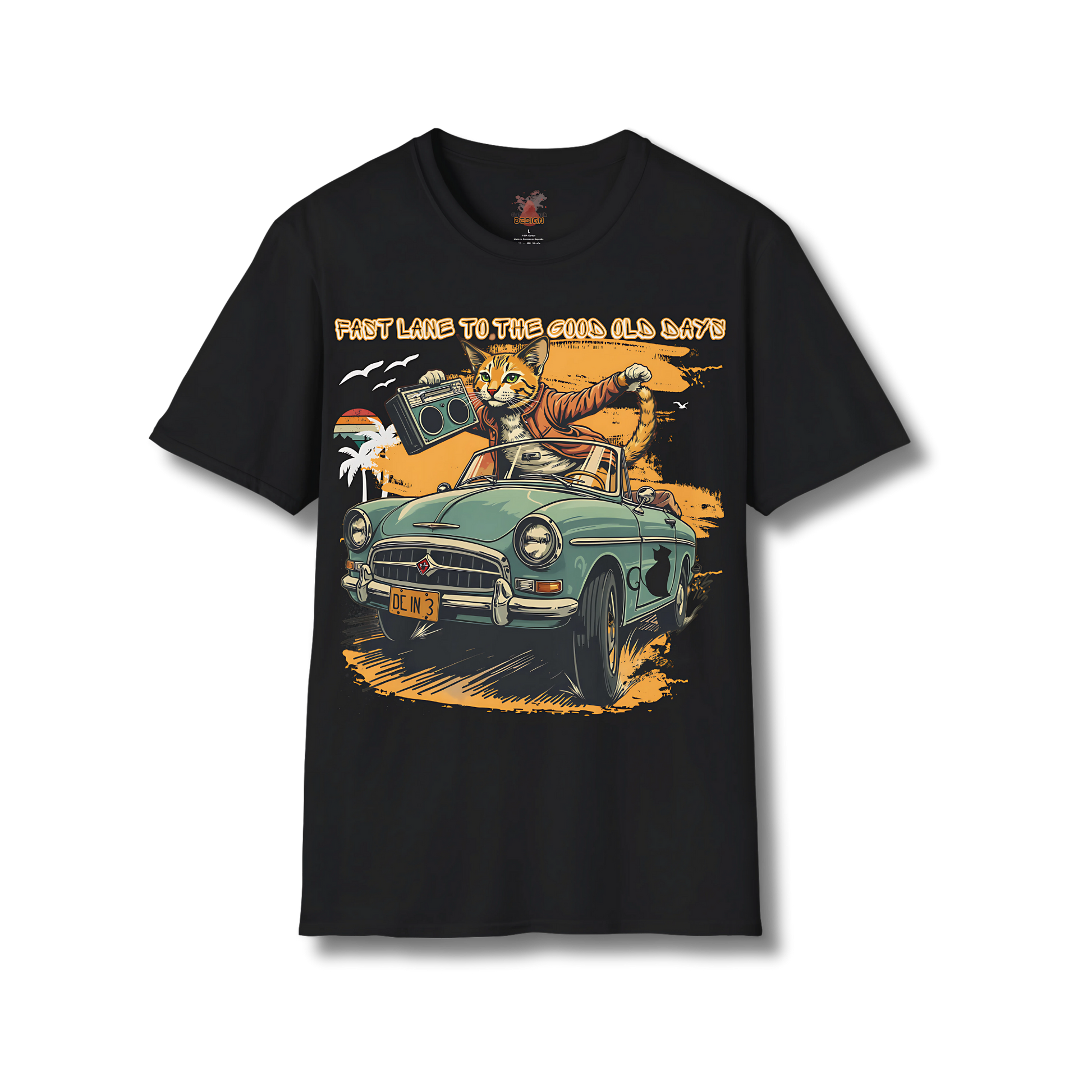 Retro Cat Boombox tee in black featuring neon-style illustrated cat and stereo