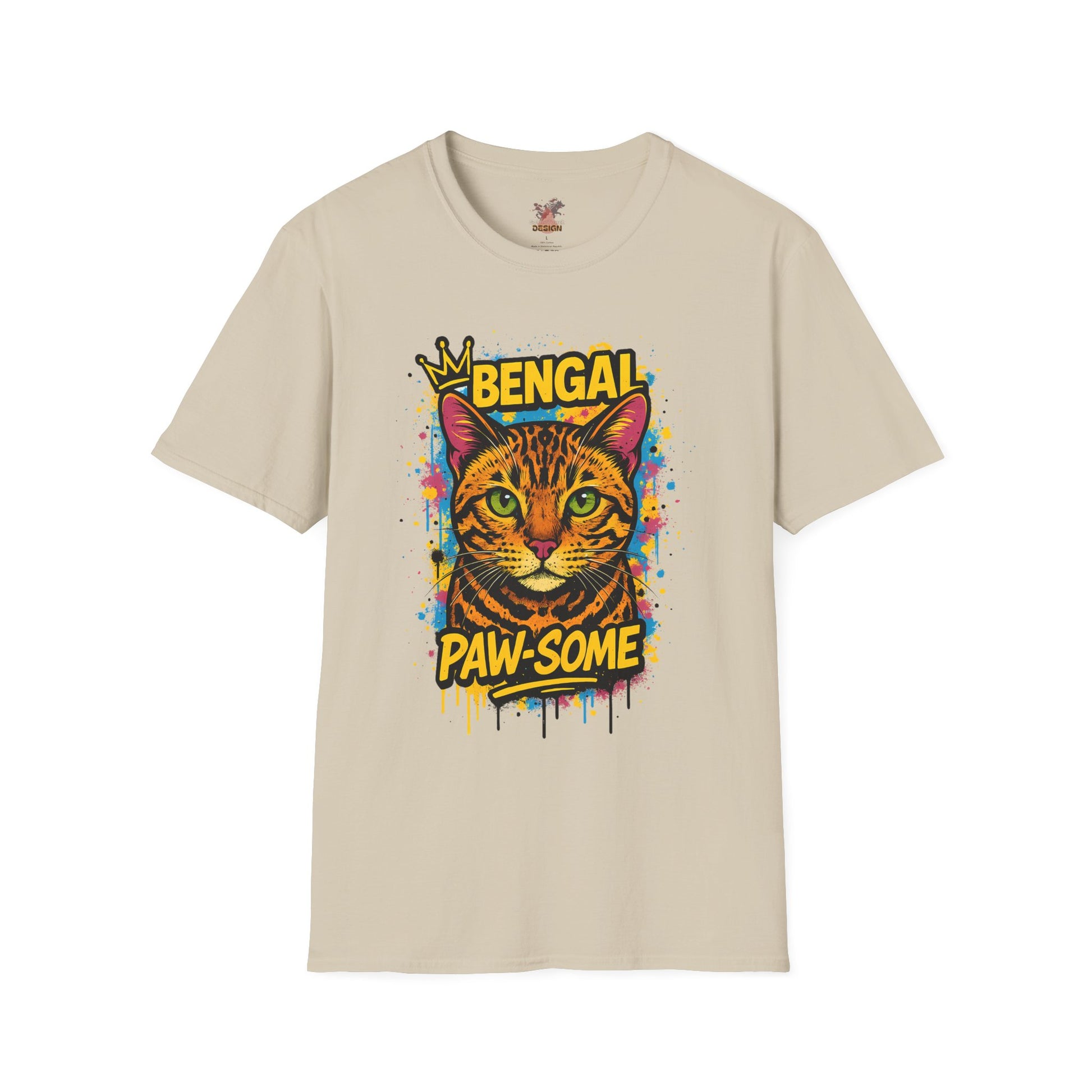 Bengal cat t-shirt in sand with colorful graffiti crown design, unisex fit