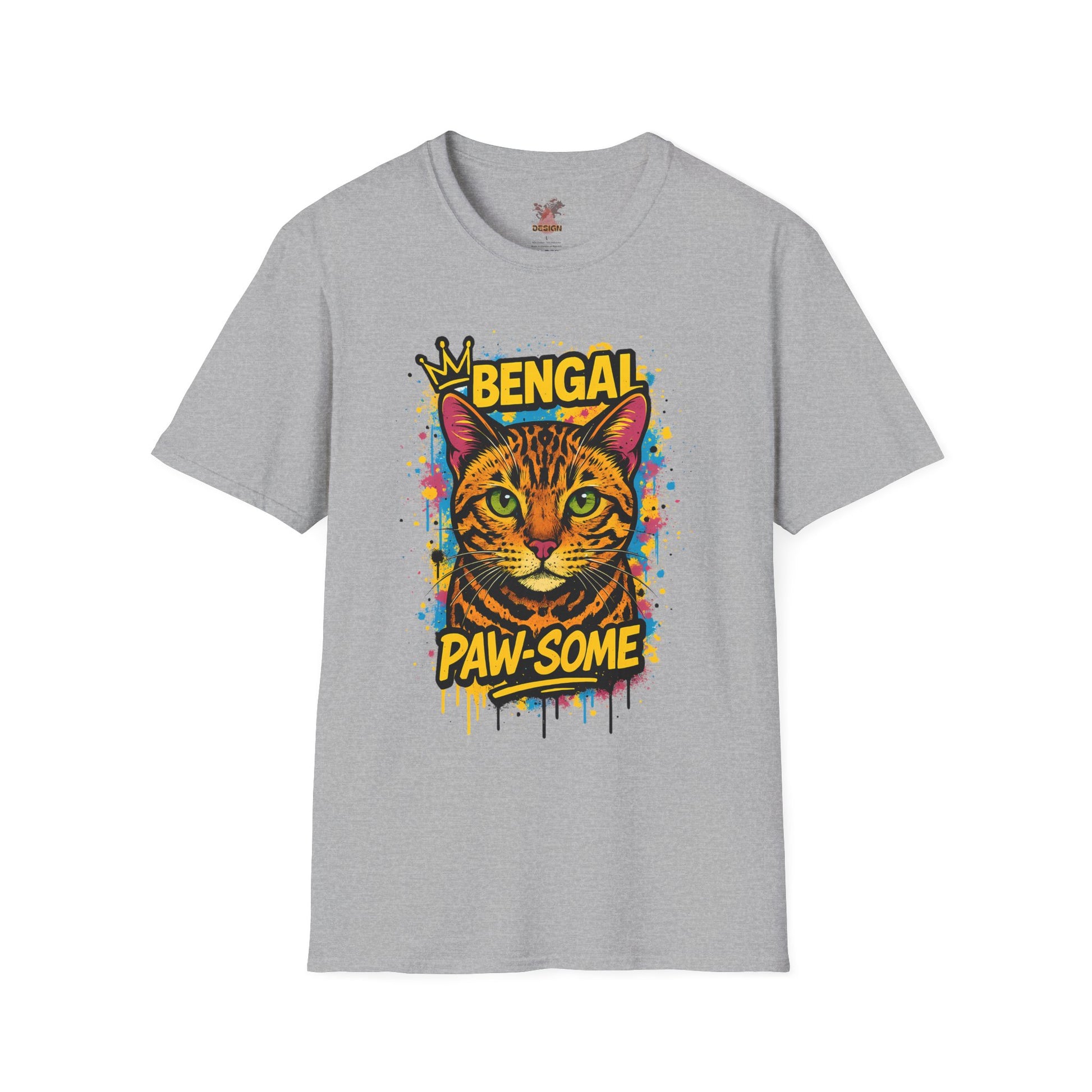Bengal cat t-shirt in light grey with colorful graffiti crown design, unisex fit
