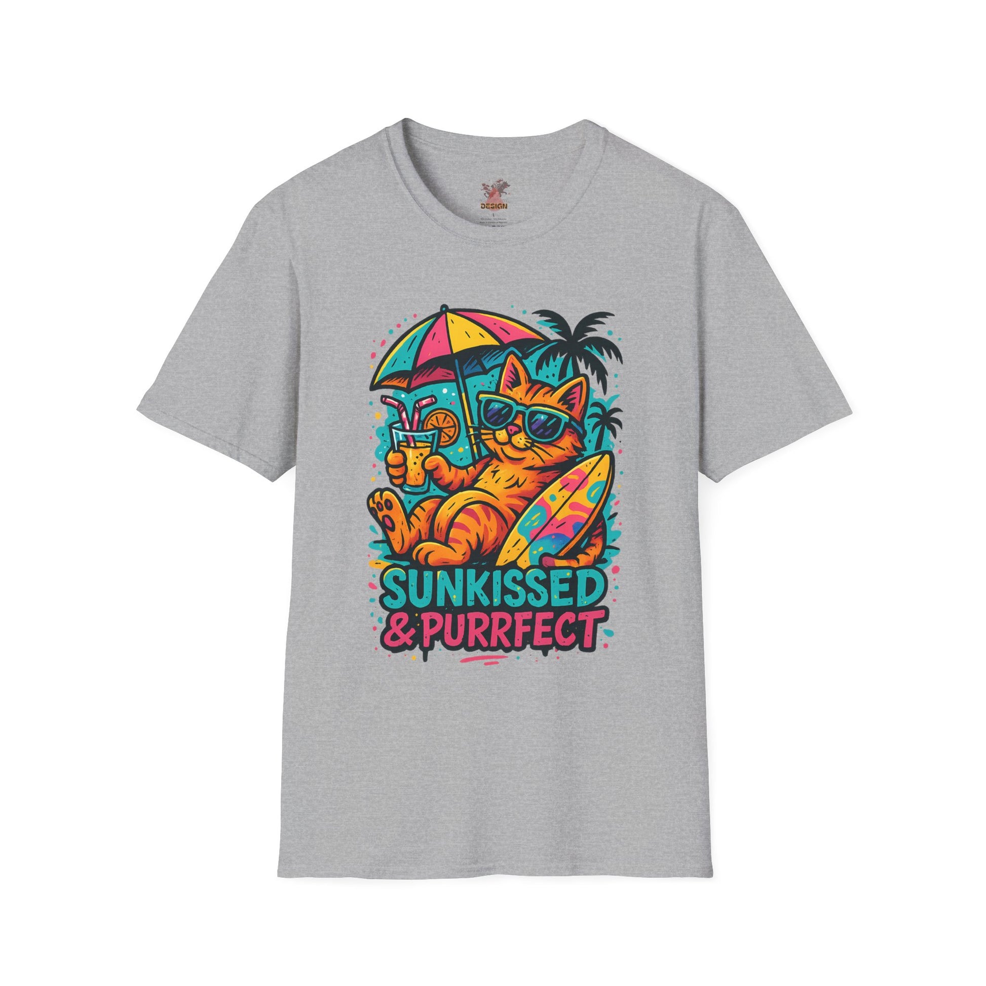 Gray t-shirt with a colorful cat graphic and 'Sunkissed & Purrfect' text on a white background
