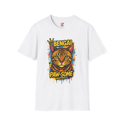Bengal cat t-shirt in white with colorful graffiti crown design, unisex fit