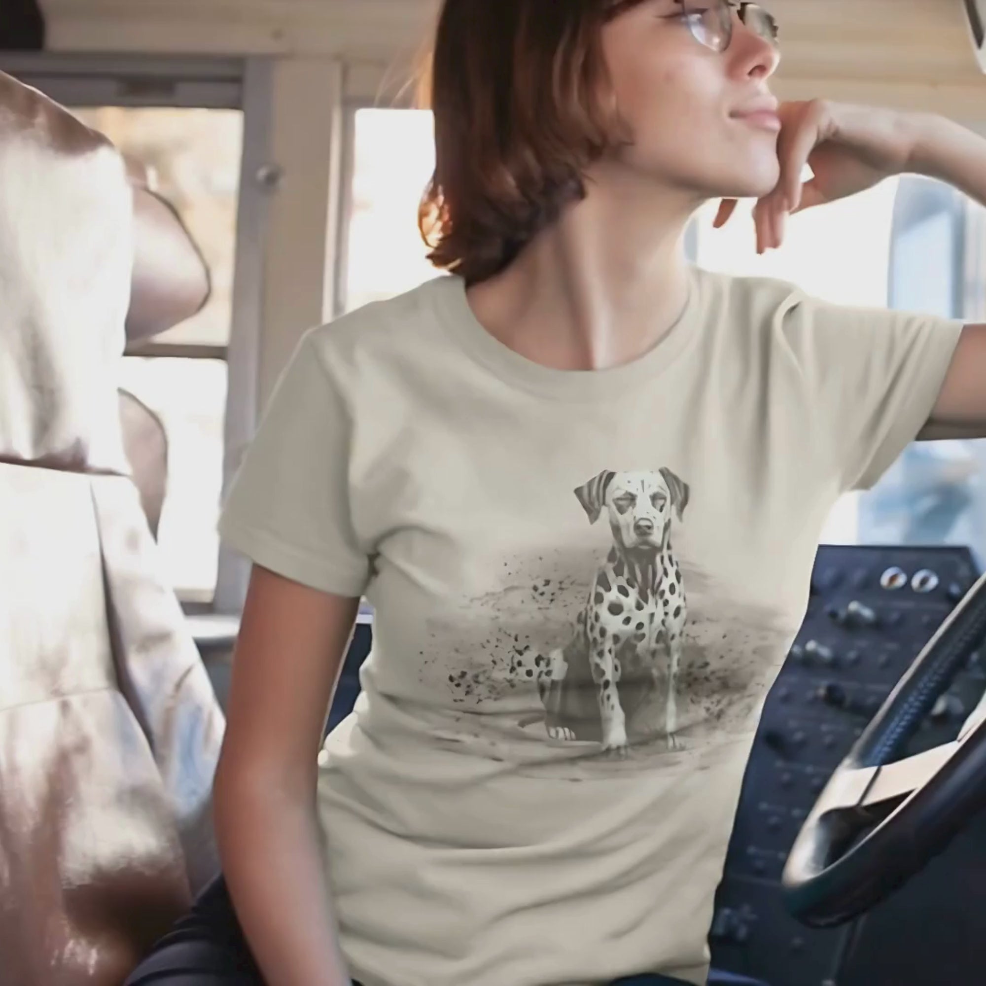 Video of woman wearing sand-colored Doberman sketch t-shirt, showcasing front view in motion