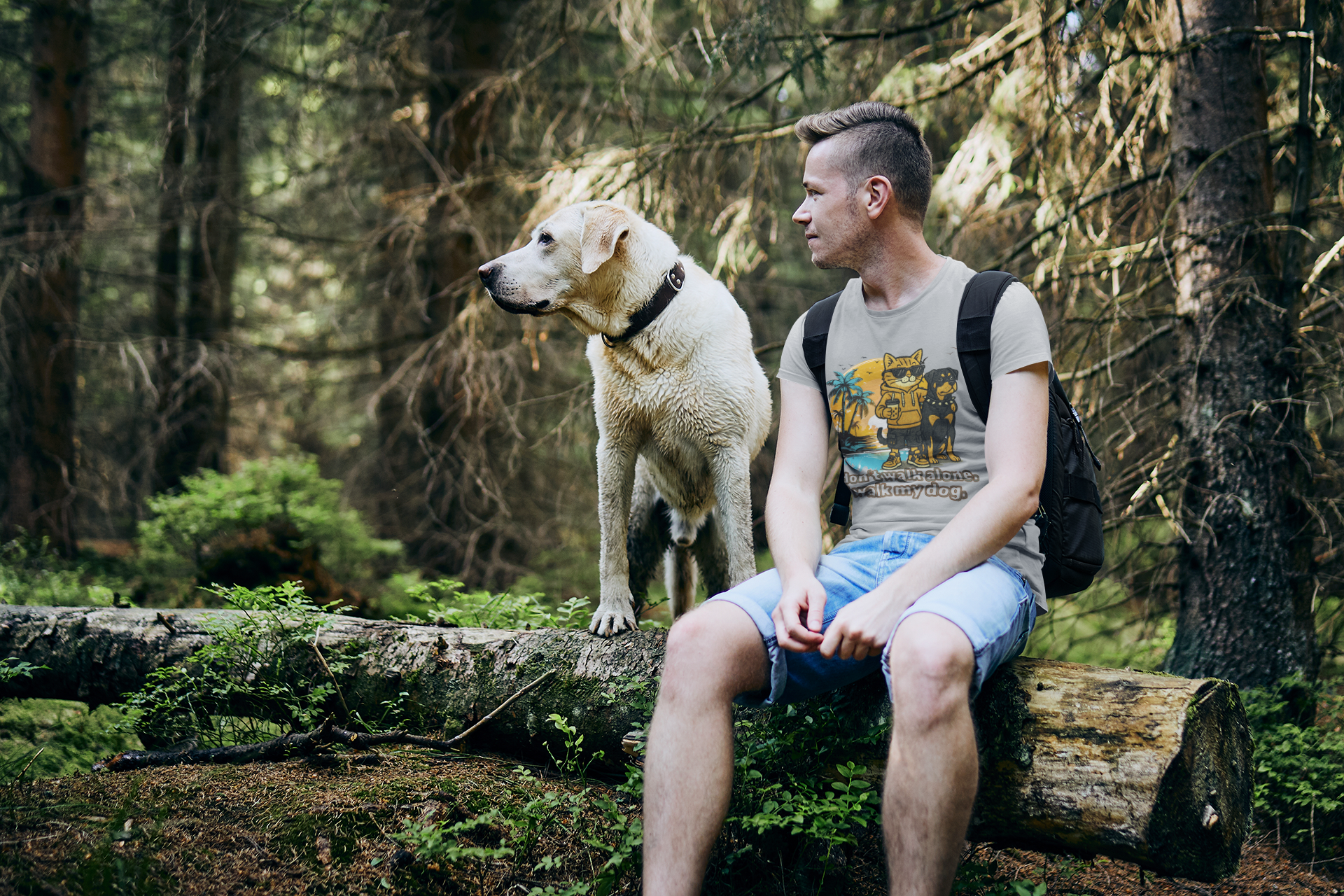 Man wearing cartoon dog t-shirt sitting on log in forest next to Labrador retriever during a hike